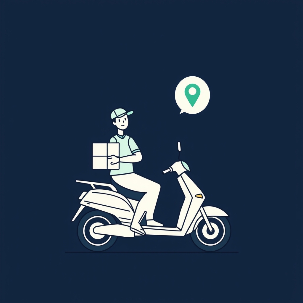 Illustration of a courier holding a parcel with a delivery update chat bubble