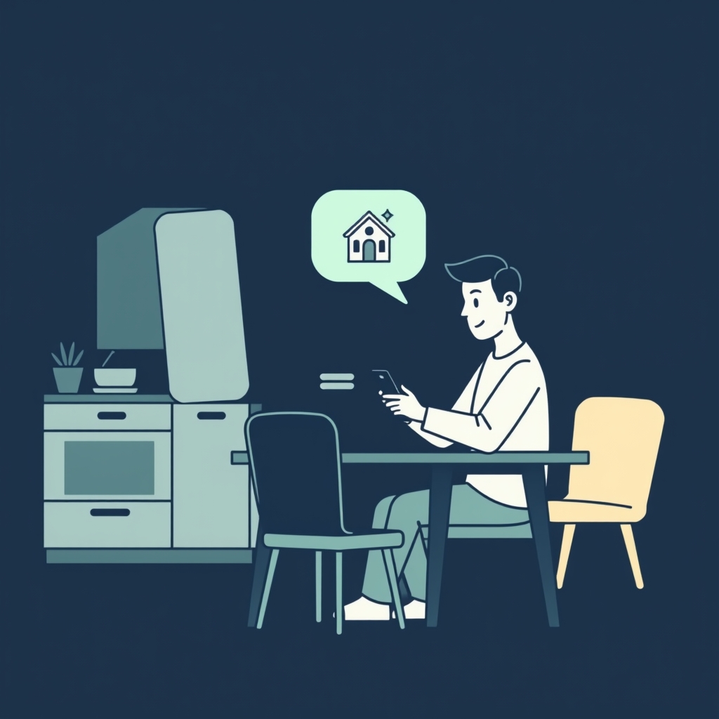Illustration of a parent at a kitchen table checking a school-fees message on a phone
